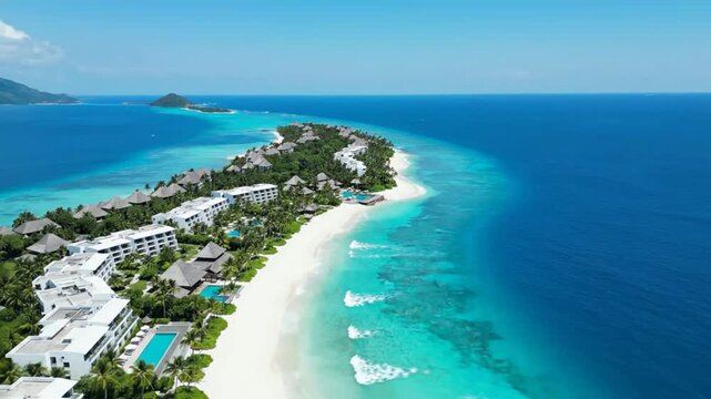 Aerial View of a Luxurious Island Resort with White Sandy Beaches and Turquoise Ocean Waves under a Bright Blue Sky
