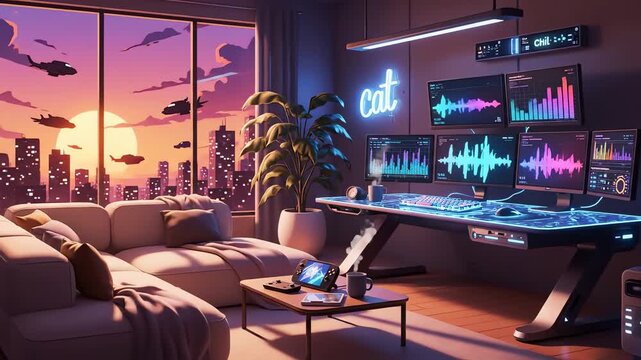 animated virtual backgrounds, stream overlay loop, interior, cozy futuristic living room at sunset, vtuber asset twitch zoom OBS screen, chill anime lo fi hip,. 4k resolution video 30fps.