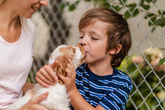 Mother snd son cuddling with cute dog puppy