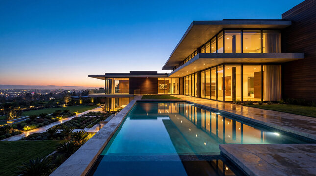Modern luxury house at dusk with glass walls, clean lines, and large pool reflecting warm interior lights. Elevated property with landscaped grounds and panoramic city view