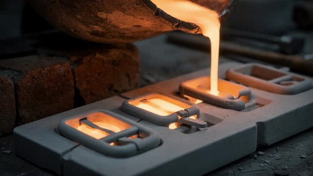 Molten metal flowing into mattefinished buckle molds highlighting the artisan craftsmanship of creating unique understated hardware with a soft nonreflective surface texture.
