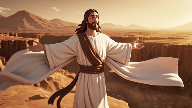 Jesus Christ standing on a cliff with arms outstretched, surrounded by vast desert landscape and mountains under a warm sunset sky, conveying a sense of peace and openness