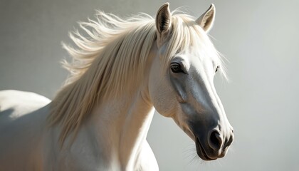 Fototapeta premium Majestic white horse with flowing mane and alert ears. Close-up portrait captures its powerful equine profile and elegant features against a soft, neutral backdrop. Graceful animal detail in motion.