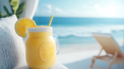 Lemon and honey milkshake in frosted jar on white recliner golden sand serene ocean view