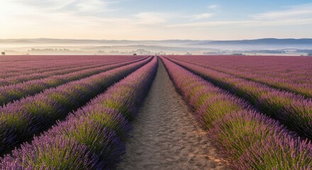 Fototapeta premium Vast lavender field with purple rows extending to horizon under clear morning sky. Blooming lavender field bathed in soft sunrise light, creating tranquil natural beauty.