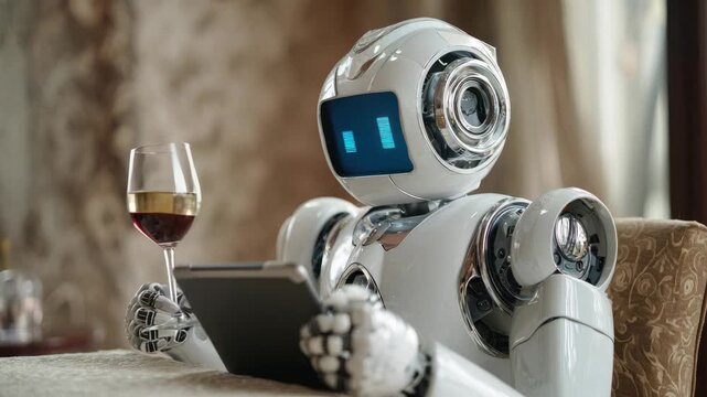 robot reads and drinks wine in a restaurant illustrated animation