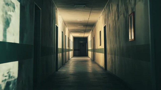 Empty long hallway in a dilapidated mental institution revealing a forgotten time, with peeling paint and dim lighting creating a foreboding and unsettling ambiance
