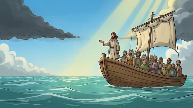Jesus Christ calms stormy sea while standing on boat with disciples, dramatic clouds and sunlight breaking through, showcasing a moment of divine intervention