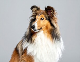 Portrait of a fluffy, tri-colored dog gazing slightly to the side against a grey backdrop
