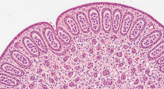 Intestinal villi micrograph, showing human digestive tissue cellular morphology. Image highlights epithelial cells and complex intestinal villi structure. Educational concept for biology, medicine,