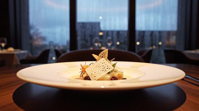 Gourmet dish presentation on a restaurant table with a rainy outdoor view during a tranquil dining experience.