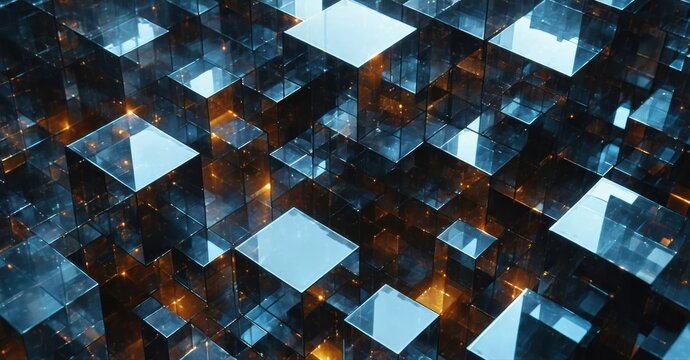 Abstract cubic structure. Dark background highlights glowing squares, creating futuristic digital aesthetic. Complex geometry, depth.
