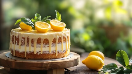 Lemon drizzle cake rustic wooden terrace with greenery