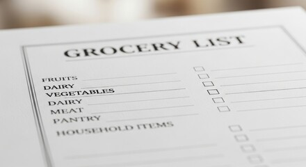Obraz premium Detailed grocery list for weekly shopping and meal planning, with categories like fruits, vegetables, and household items.