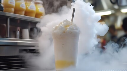 Milkshake with dry ice fog effect at high tech food stall