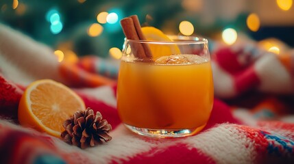 Mulled fresh juice in a clear glass on vibrant holiday blanket cozy glow