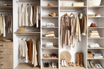 Warm clothes and shoes in wardrobe