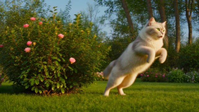 Dynamic tracking shot of fluffy cat leaping and running through a sunny garden.