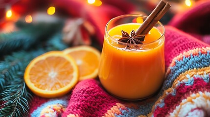 Mulled fresh juice in a clear glass on vibrant holiday blanket cozy glow
