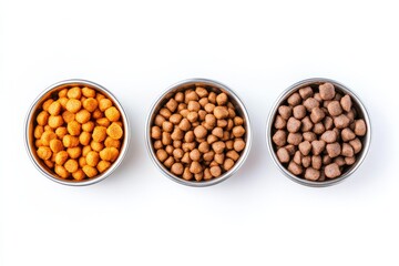 Wet pet food displayed in three bowls on a white background, showcasing different types of food for pets and their meal options