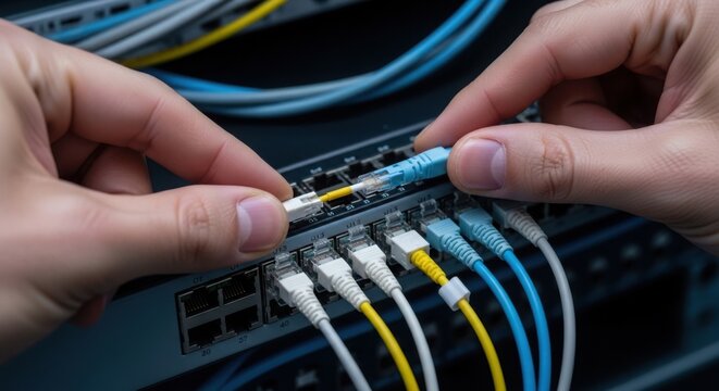 Hands establishing network connection by plugging fiber optic cable into server switch. Network connection involves data transfer technology and information flow within communication system.