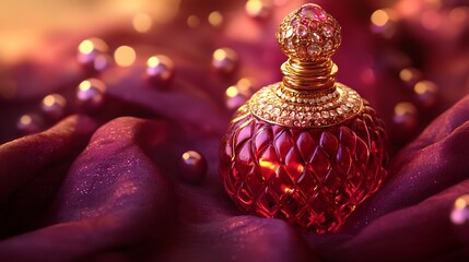 Ornate fragrance bottle water beads plush maroon setting