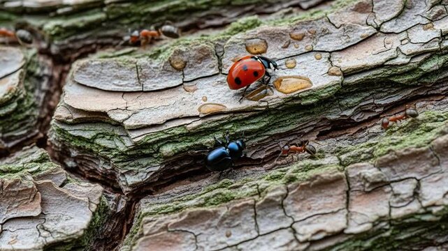 Ladybug and Beetle on Tree Bark Surface.