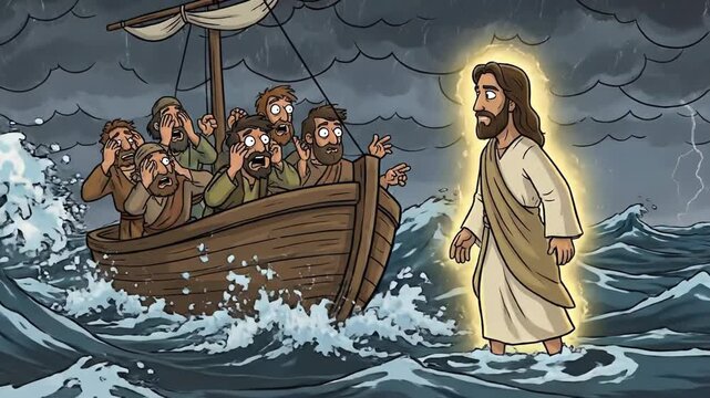 Jesus Christ walking on water towards frightened disciples in a boat during a stormy sea, with waves crashing and dark clouds overhead