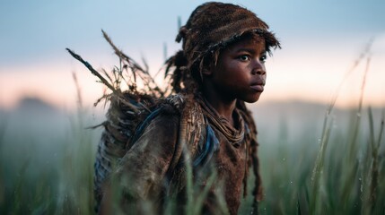 A young boy dressed in earth-toned clothing stands amidst tall grass, reflecting curiosity and resilience against a picturesque background of a misty dawn.