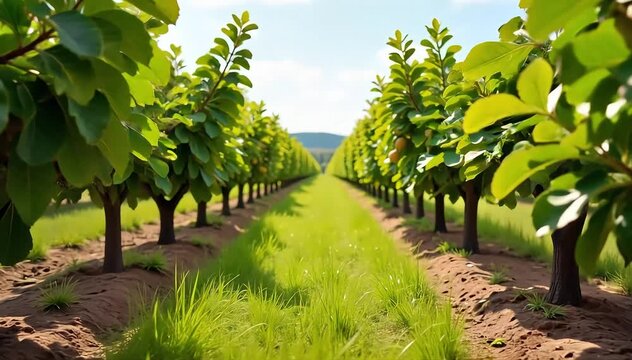 A fig orchard with rows of trees bearing ripe fruit in a warm sunny climate 