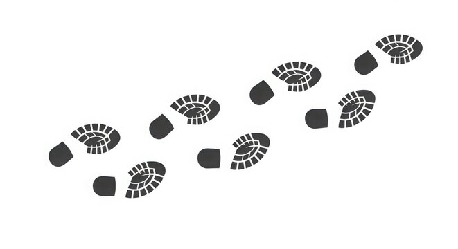 Dark foot prints on white background arranged diagonally, illustrating walking path. Individual shoe sole patterns within each foot print create repetitive graphic element.