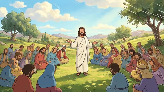 Jesus Christ teaching a diverse group of followers in a serene outdoor setting, surrounded by trees and mountains under a bright sky, conveying a message of hope and unity