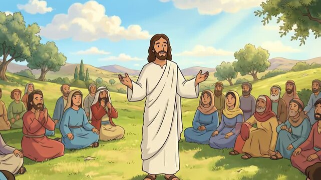 Jesus Christ in white robe speaks to a diverse group of people seated on grass in a serene landscape with trees and mountains under a bright sky