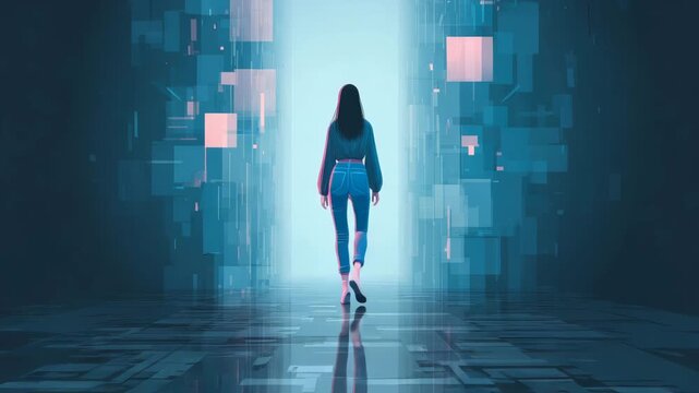 teenage girl walks in digital tunnel with light effects in futuristic style illustrated animation