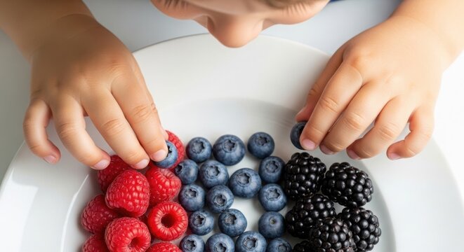 Child hands sorting berries on plate, colorful child berries food preparation. Fingers selecting raspberries, blueberries, blackberries, teaching nutrition with child berries food.