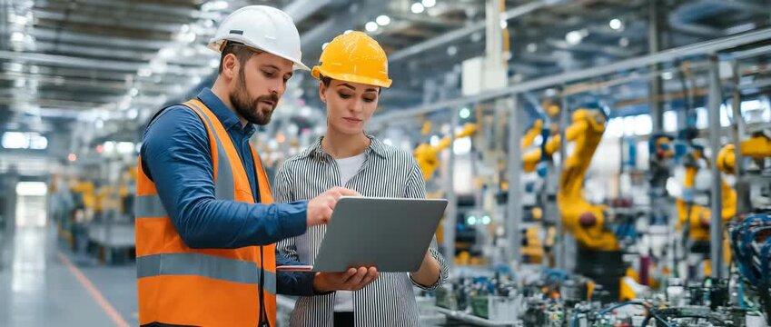 Two engineers wearing safety helmets review data on a laptop while standing between automated robotic arms in a manufacturing facility. 