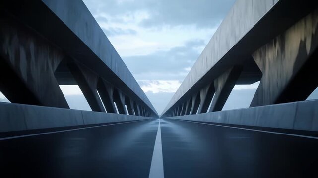 Modern highway bridge forms a futuristic concrete tunnel over wet asphalt, leading into the distance under a moody cloudy sky, strong perspective and vanishing point