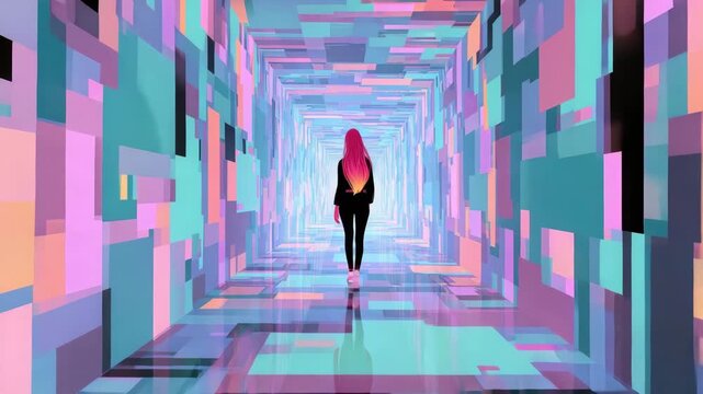 teenage girl walks in digital tunnel with light effects in futuristic style illustrated animation