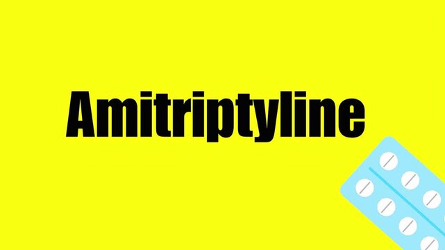 Dynamic video featuring the word &ldquo;Amitriptyline&rdquo; displayed in bold black text on a bright yellow background, accompanied by a small pill icon in the corner&mdash;ideal for pharmaceutical, healthcare, or med