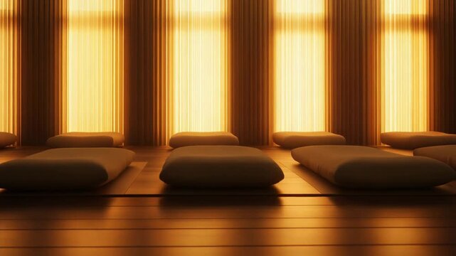 Minimalist meditation studio providing a peaceful environment for wellness and relaxation, featuring multiple cushions on a wooden floor illuminated by warm amber lighting from tall windows