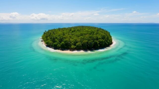 Aerial drone shot approaching lush tropical island in crystal blue ocean.