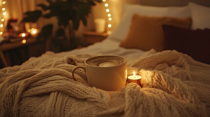 Spiced coffee with cream velvet blanket and candlelit fall themed bedroom corner