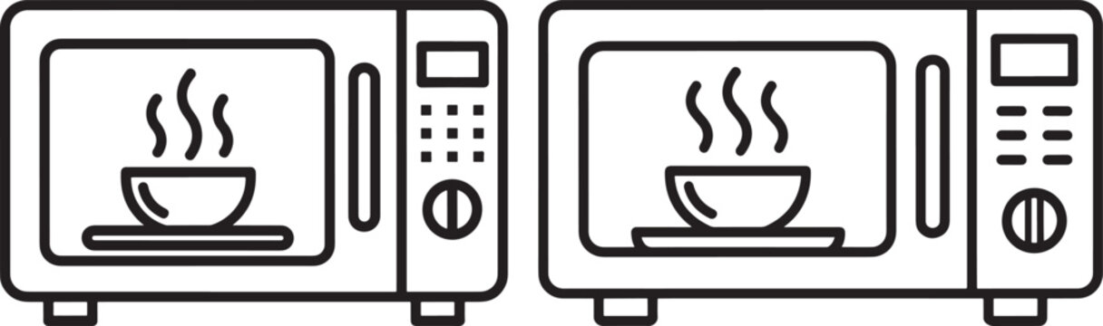 Outline illustration of two microwaves with steaming bowls inside, symbolizing heating food and cooking convenience.