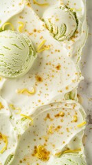 Celery ice cream with honey and lemon juice served on a plate in a kitchen setting during the day