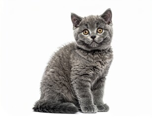Obraz premium Portrait of a grey, short-haired kitten seated and looking directly at the camera