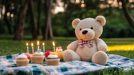 Stuffed bear beside cupcake shaped candles on a fun loving picnic
