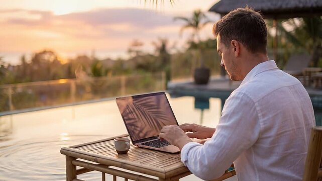 Nomad Typing at Sunset Poolside