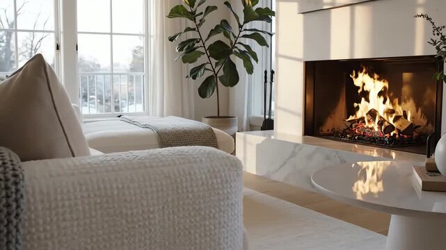 A white corner sofa by the fireplace. Scandinavian interior design for a contemporary living area. 4k resolution video 30fps.