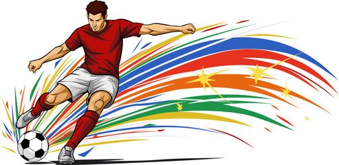Dynamic footballer with vibrant streaks kicks a soccer ball, perfect for sportsthemed designs, sports blogs, football articles, and posters © Coepy images