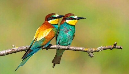 Obraz premium Pair of brightly colored birds perched together on a branch against a blurred green background